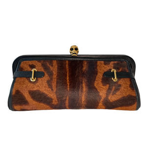 Alexander McQueen Ocelot Print Pony Hair Reversible Skull Clutch Leather Handbag